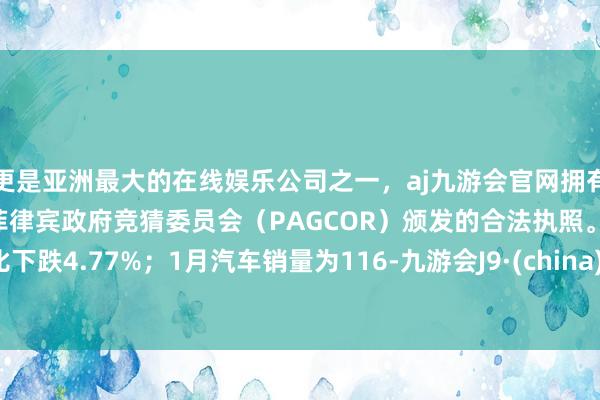 更是亚洲最大的在线娱乐公司之一,aj九游会官网拥有欧洲马耳他(MGA)和菲律宾政府竞猜委员会(PAGCOR)颁发的合法执照。同比下跌4.77%;1月汽车销量为116-九游会J9·(china)官方网站-真人游戏第一品牌